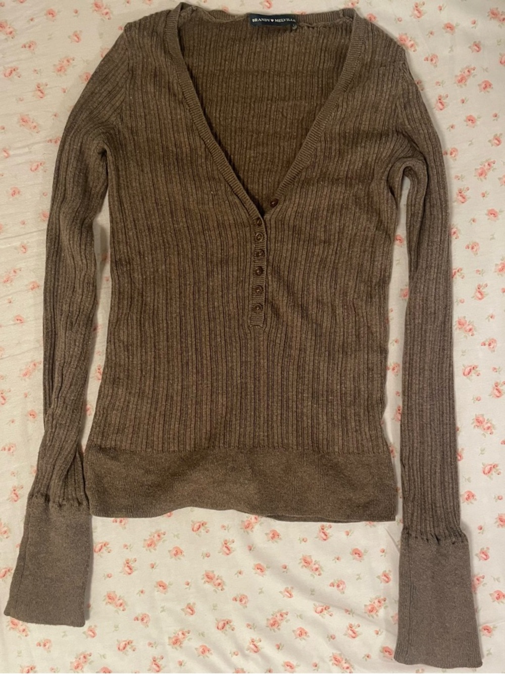 Brandy Melville Brown Ribbed V-Neck Button-Up Henley Top